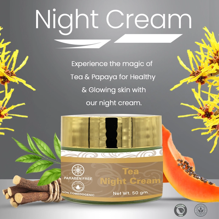 Post image Tea Night Cream: 

a. Green Tea: It’s versatility has led to its use for a multitude of dermatological difficulties, including acne troubles and various other skin damages. It also counteracts the harm caused by pollution and harsh chemicals.
  
b. Papaya Extract: It’s a wonder ingredient that eradicates scars and uneven skin pigmentation. This fruits’ skin lightening abilities aids in subtracting blemishes and age spots. It also acts a powerful skin exfoliator, making your complexion lighter in tone and more supple.

c. Witch Hazel Extract: It’s one such plant which is used as a natural topical treatment for a diverse range of skin ailments. It also helps in shielding the skin from UV deterioration and acne related discolourations.
