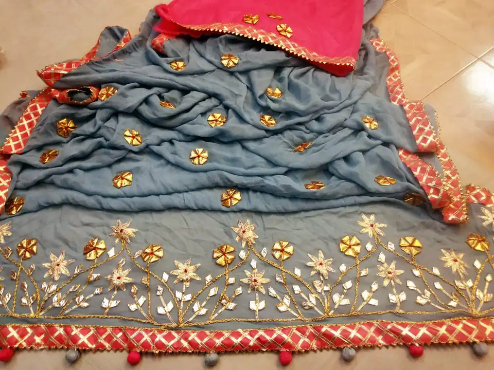 Sale sale🤣 pure najmin ciefon saree and gota work all over saree and same fabrik contract  blouse.  uploaded by Gotapatti manufacturer on 5/4/2023