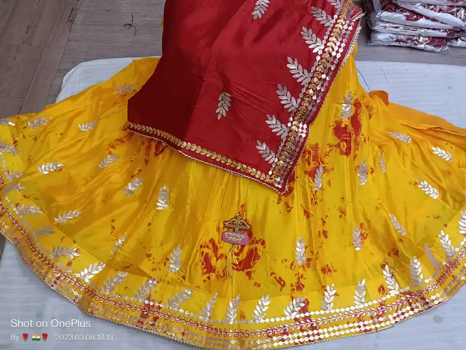 *Jai shree shyam ji* 
🦚DS chinon  lehnga with gota work & sibori dyeing 
🦚With pure DS chinon fabr uploaded by Gotapatti manufacturer on 5/4/2023