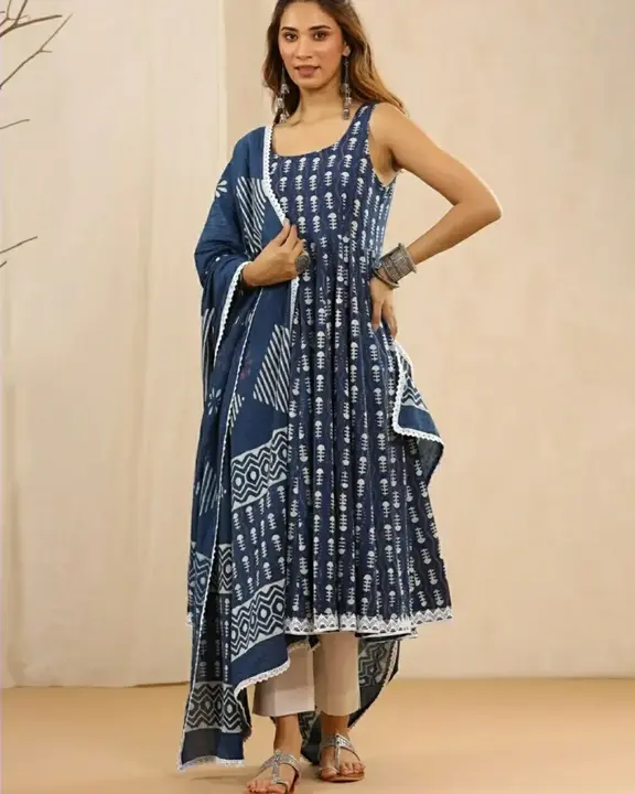 Cotton Indigo Print Lace Border Dress  With Dupatta and Pant uploaded by Habito Crafts on 5/6/2023