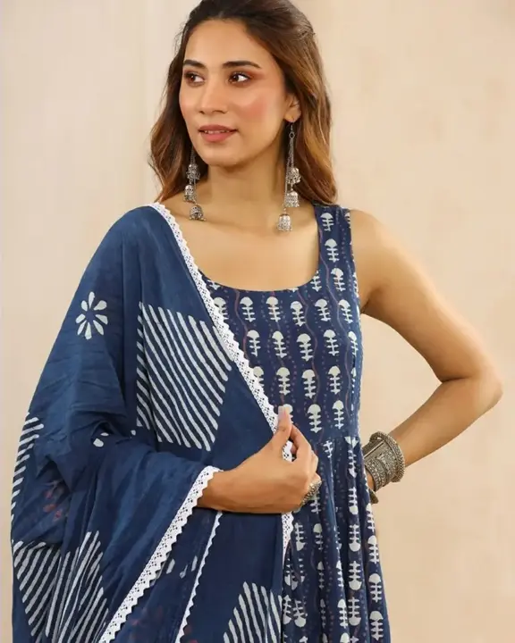 Cotton Indigo Print Lace Border Dress  With Dupatta and Pant uploaded by Habito Crafts on 5/6/2023
