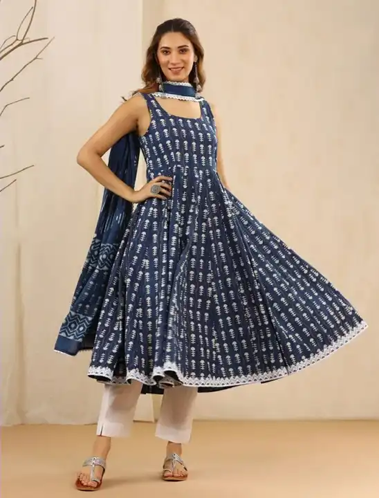 Cotton Indigo Print Lace Border Dress  With Dupatta and Pant uploaded by business on 5/6/2023