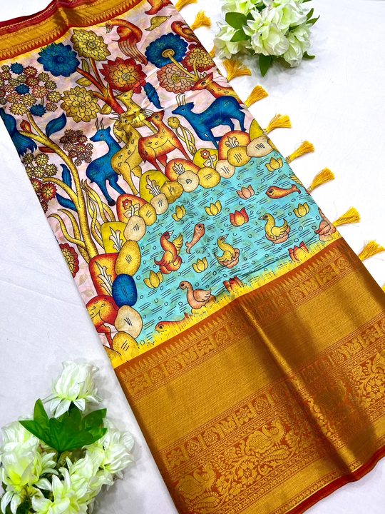 Stunning Gold Zari Woven Kalamkari Print Saree with Big Border uploaded by DHANANJAY CREATIONS on 5/6/2023