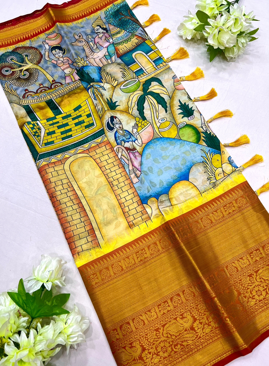 Stunning Gold Zari Woven Kalamkari Print Saree with Big Border uploaded by DHANANJAY CREATIONS on 5/6/2023