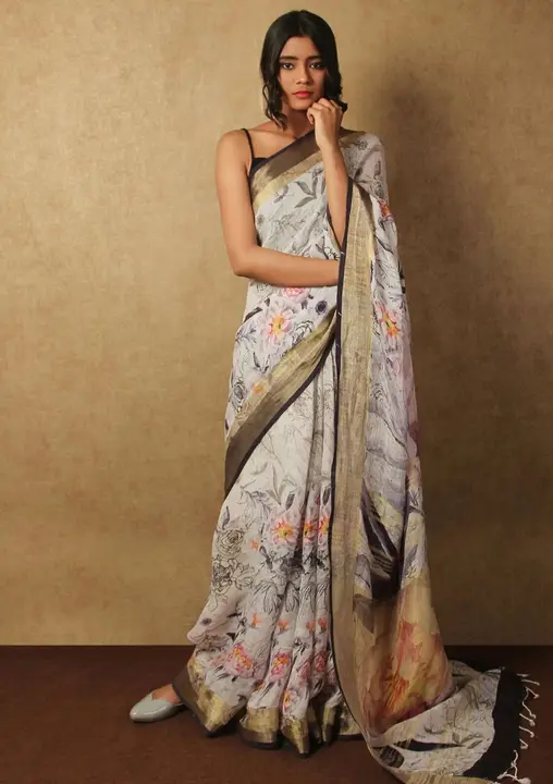 Sarees:-ORIGINAL Linen With Silver Jari Patta.

*Work* - Digital Print. uploaded by NIVA CREATION on 5/6/2023