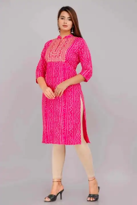 M to XXL, reyon bandhani kurti with beautiful embroidery & sitara work on yoke••••*
 uploaded by Online Ladies Dresses on 5/6/2023