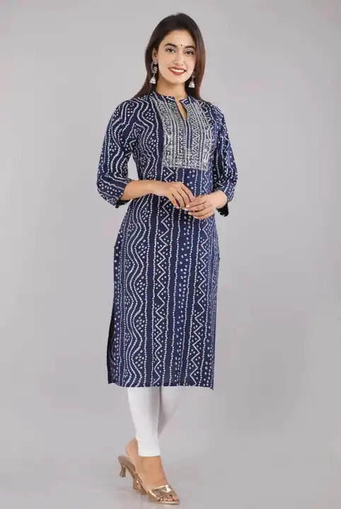 M to XXL, reyon bandhani kurti with beautiful embroidery & sitara work on yoke••••*  uploaded by Online Ladies Dresses on 5/6/2023