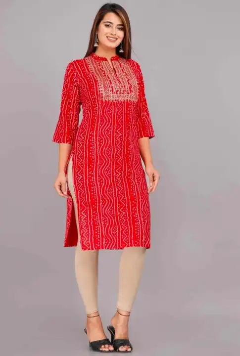 M to XXL, reyon bandhani kurti with beautiful embroidery & sitara work on yoke••••*  uploaded by Online Ladies Dresses on 5/6/2023