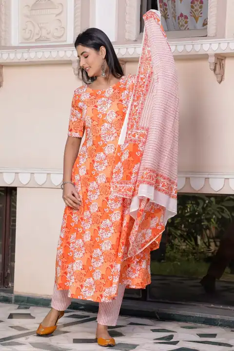 This three-piece Handblock suit set.
Suit Set Fabric: Cotton 60"60
Dupatta Fabric: MALMAL 

Neckline uploaded by Mahipal Singh on 5/6/2023