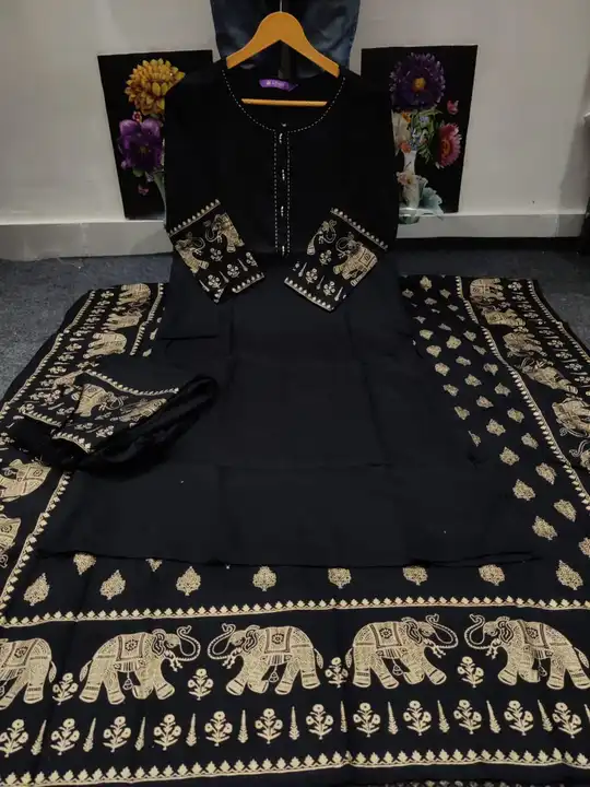 M to XXL, Straight kurta with Pant and Dupatta Reyon gold Printed BORDER* uploaded by Online Ladies Dresses on 5/6/2023