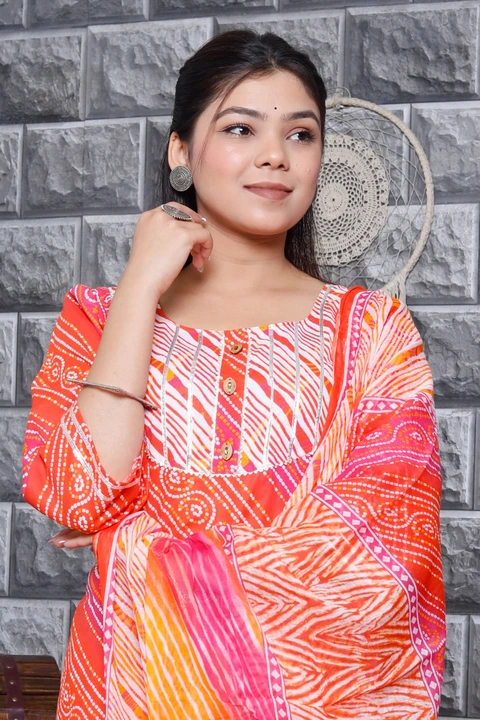 *Bandhej print kurta set*
🌷🌷🌷🌷
*Premium quality*
*Beautiful kurta pant dupatta set in new colour uploaded by Mahipal Singh on 5/6/2023
