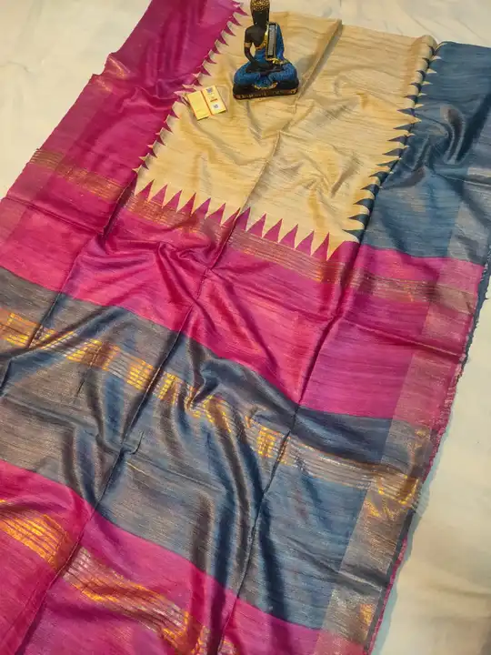 Handloom pure tussar giccha jari border block print silk saree  uploaded by Vina Handloom on 5/7/2023