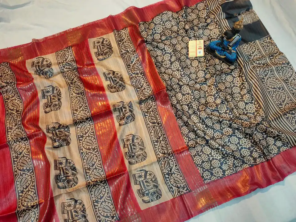 Handloom pure tussar giccha jari border block print silk saree  uploaded by Vina Handloom on 5/7/2023