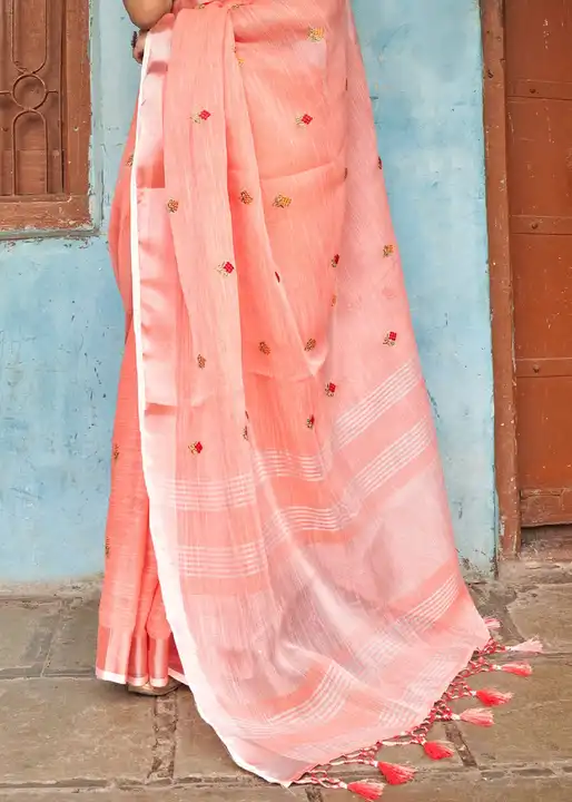 Linen embroidery work saree uploaded by WeaveMe India on 5/7/2023