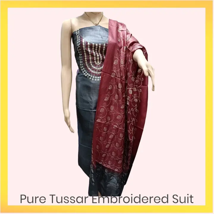Pure Handloom Tussar Silk Embroidered Suit set  uploaded by Anshul Creations on 5/8/2023