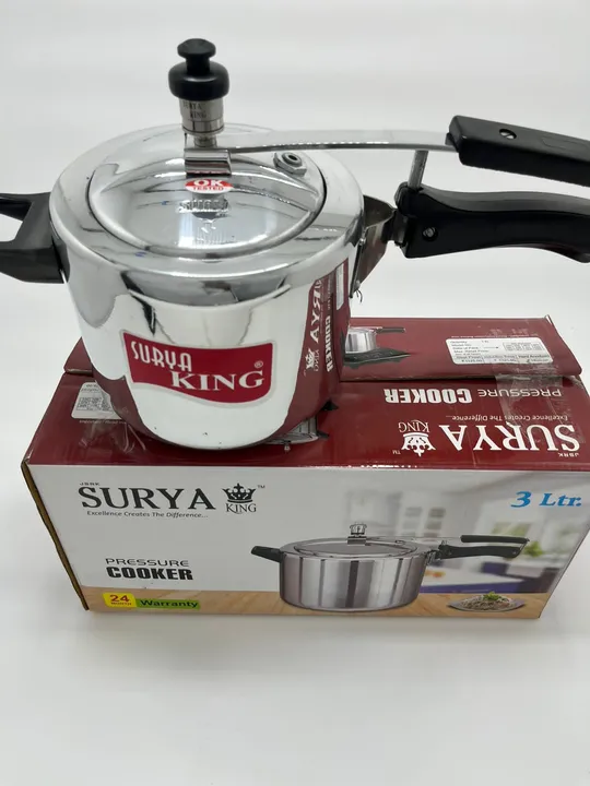Post image Surya king pressure cooker 
Regular model 
3 ltr
5 ltr
8 ltr
10 ltr
Available now