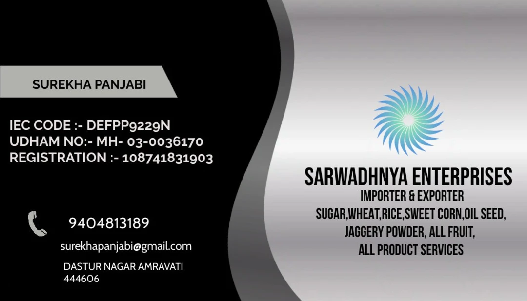 Visiting card store images of SARWADHNYA ENTERPRISES IMPORT & EXPORT 