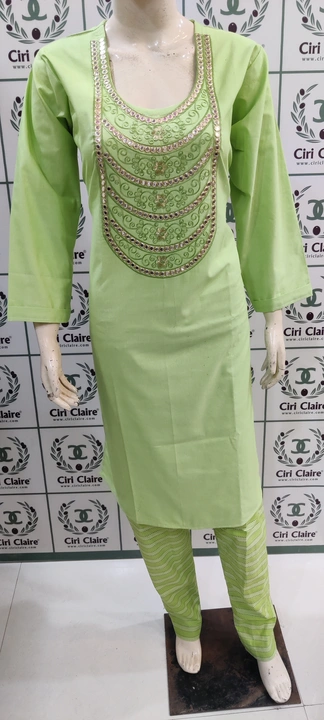 Women's Green color Embroidery on neck Cotton Kurta, Pant (Straight Regular Kurta and Pant uploaded by business on 5/9/2023