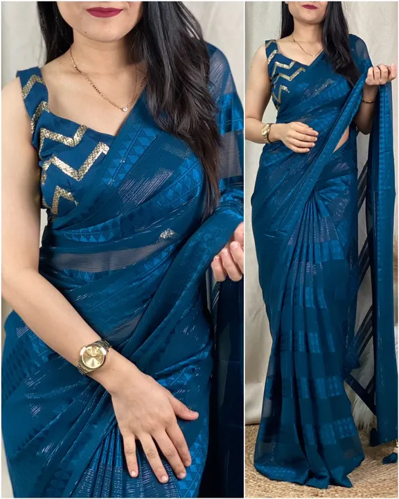 Post image *₹1049₹*

SS003Dhruvi

*Be party ready to make a statement with this  glamorous saree &amp; Designer blouse*

*Material*
*SAREE-Georgette.*
*BLOUSE- Mono Banglori.*

*PATTERN-*
*Saree- zari lining with self jacquard pattern &amp;  fancy tussles in pallu.*
*Blouse- sequins work.*