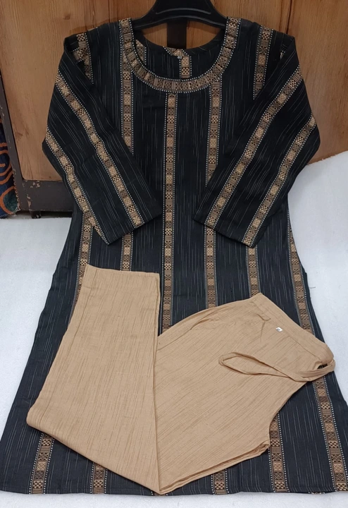 Post image Cotton women kurti with pant . Kurti is A-line. Kurti length is 40 . Three quarter sleeve style. For more details contact us