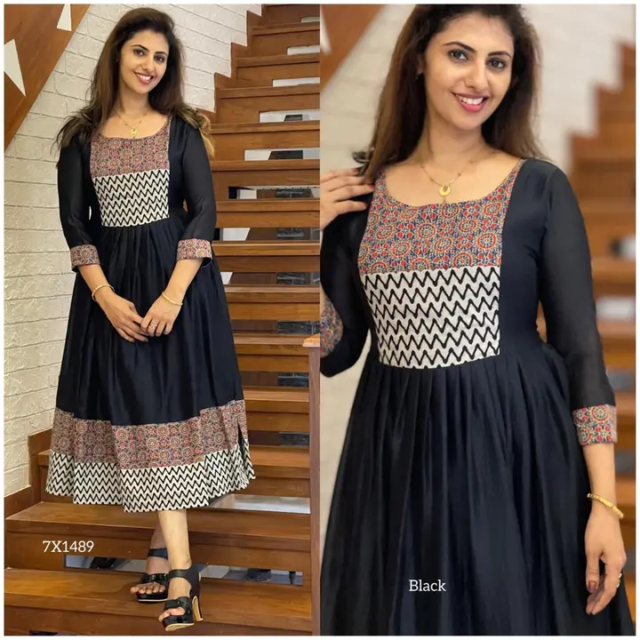 Post image Vichithra silk flair long kurti with Ajrak design York n bottom area  

Size : 38/42
Length : 47

Lining : yes
Adjustable back knot
Ajrak cuff