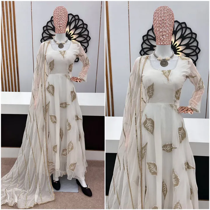 Post image 👉👗💥*Launching New Designer Party Wear Look Gown*💥👗👌

*N
👉* Rate :-1250/-*👈

🧵 *Fabric Detail* 🧵

👗 *Gown Fabric * :Faux Georgette With *Heavy Embroidery Work*With *Attached Pad And Latkan Dori*
With Full Sleeve
*(Fullstitched )*

👗 *Gown Inner* : Micro Cotton
👗 *Gown Size* : Up To 42 Xl Free Size *(Fully Stiched )*
👗 *Gown Length * :54-55 Inches 
👗 *Gown Flair *   :3 Meter

👗 *Bottom Fabric * :No 

👗 *Dupatta Fabric * :Faux Georgette With *Embroidery Sequence Work* With Four Side Embroidery Sequence Lace Border 
👗 *Dupatta Length* : 2.10 mtr

⚖️ *Weight* : 950gm

💕*One Level Up*💕
👌*A One Quality *👌

🚨*Note-*🚨
*Colour changed of Gown due to cameras resolutions and lighting’s But colour will come as shown in model Pictures*