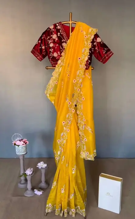*🥻WE ARE LAUNCHING NEW SUPERHIT TRENDING EMBROIDERED SAREE with COTTON THREAD WORK ON SOFT ORGANZA uploaded by Vishal trendz 1011 avadh textile market on 5/9/2023