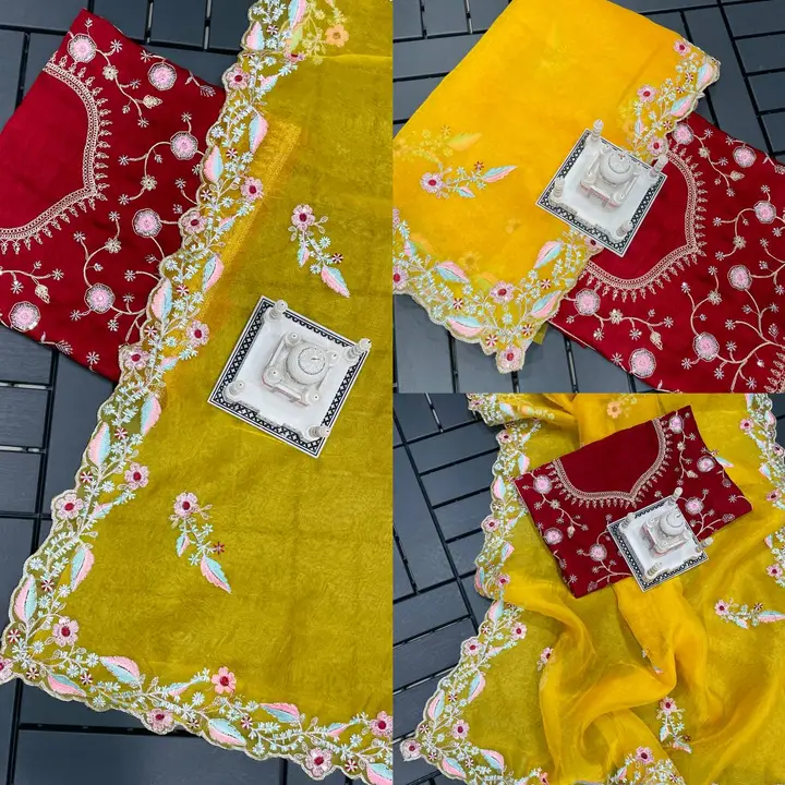 *🥻WE ARE LAUNCHING NEW SUPERHIT TRENDING EMBROIDERED SAREE with COTTON THREAD WORK ON SOFT ORGANZA uploaded by Vishal trendz 1011 avadh textile market on 5/9/2023
