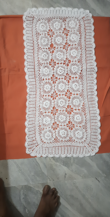 Hand made crochet 16x36 coffee  TABLE RUNNER, white in stock uploaded by RAJA LACE INDUSTRIES. CROCHET LACE TRIMMINGS on 5/9/2023