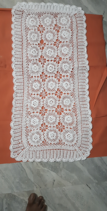 Hand made crochet 16x36 coffee  TABLE RUNNER, white in stock uploaded by RAJA LACE INDUSTRIES. CROCHET LACE TRIMMINGS on 5/9/2023