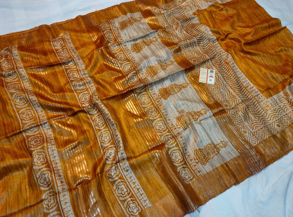 Handloom pure tussar giccha jari border block print silk saree  uploaded by Vina Handloom on 5/9/2023