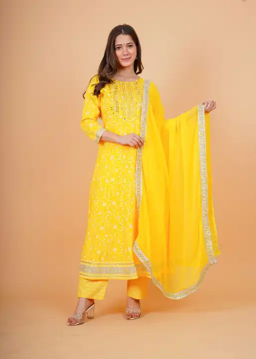 AAA+ PREMIUM HEAVY RAYON  KURTI PANT WITH DUPATTA  uploaded by Online Ladies Dresses on 5/10/2023