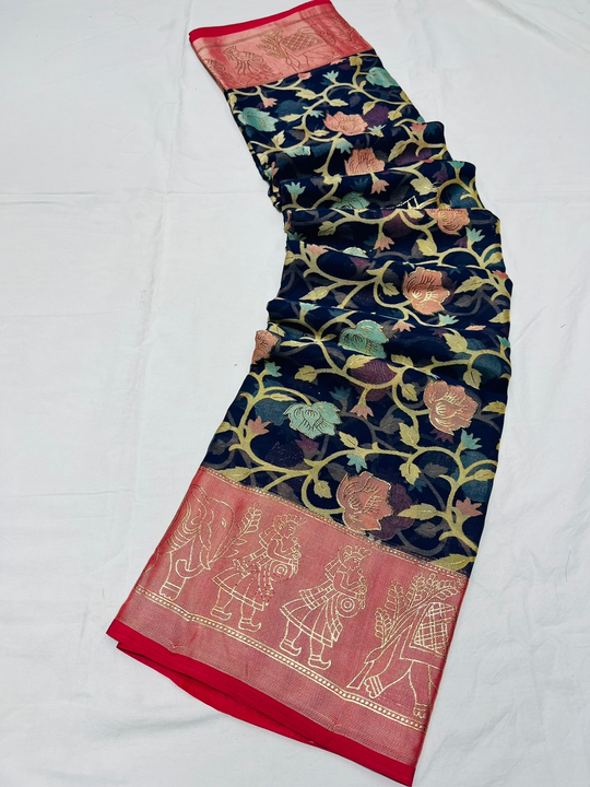 Mayro 
🥳🥳🥳Launching 🥳🥳🥳🥳🥳new Jil mil Brasso with foil print.... contrast Border And pallu..  uploaded by Divya Fashion on 5/10/2023