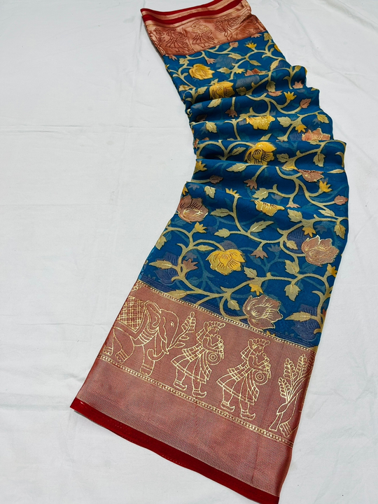 Mayro 
🥳🥳🥳Launching 🥳🥳🥳🥳🥳new Jil mil Brasso with foil print.... contrast Border And pallu..  uploaded by Divya Fashion on 5/10/2023
