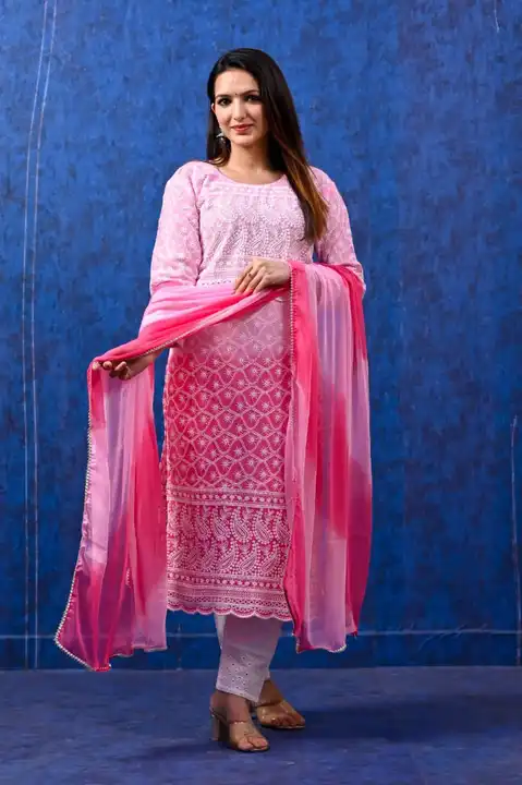 Pure cotton chiken embroidered kurta pant and dupatta set  uploaded by Aleexa Outlet on 5/10/2023