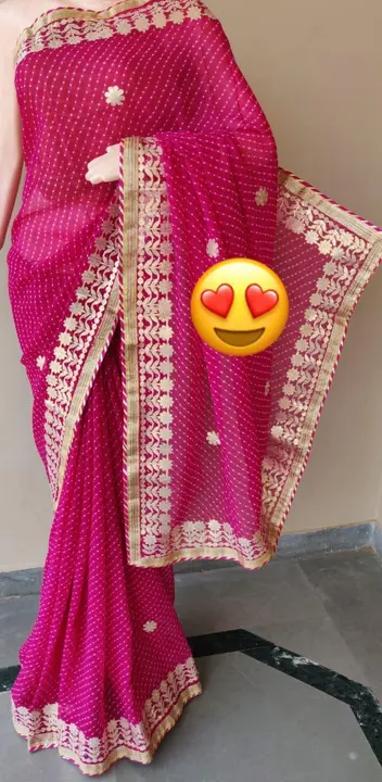 Jorjeet mothda saree 😍
Lahriya Moti border 
Aari gota work 👍
Runng blouse uploaded by Gotapatti manufacturer on 5/10/2023