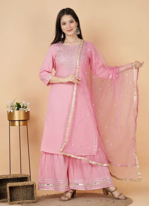 *M-38 to XXL-44* , Rani/Pink Sharara And Kurta With Dupatta (Set of 3​) crafted in *Reyon*  *And Fea uploaded by Online Ladies Dresses on 5/11/2023