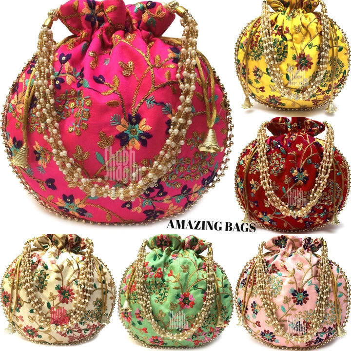 Potli bags with floral design with pearls handle and double side work  uploaded by Amazing Bags on 5/11/2023