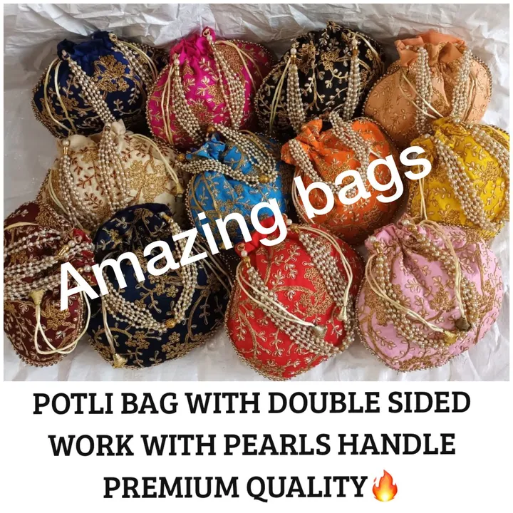 Potli bag with double sided work with pearls handle  uploaded by Amazing Bags on 5/12/2023