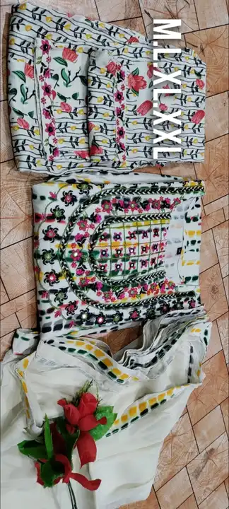 Reyon  Nayra cut pattern kurti pant dupatta set with embroidery on yoke. Exclusive dupatta.

Fabric  uploaded by Liberrty fashion & Creations on 5/12/2023