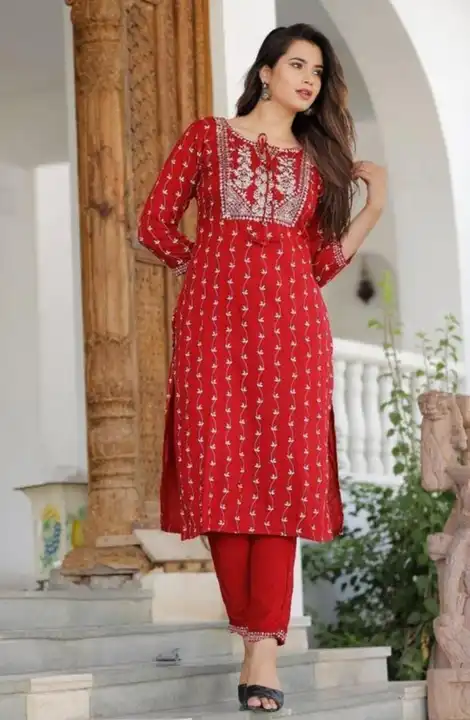 M to XXL, Rayon straight Kurti with pent with embroidery work*
❣️ Product name Karishma  uploaded by Online Ladies Dresses on 5/13/2023