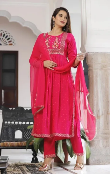 M/38 to XXL/44, Rayon Fabric Naira cut Heavy Sequence Zari Embroidery With Foil Mirror Work On Yoke  uploaded by Online Ladies Dresses on 5/13/2023