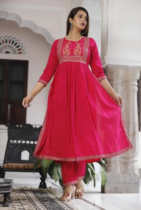 M/38 to XXL/44, Rayon Fabric Naira cut Heavy Sequence Zari Embroidery With Foil Mirror Work On Yoke  uploaded by Online Ladies Dresses on 5/13/2023