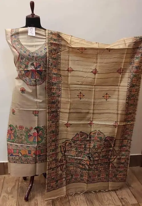 Tussar ghiccha madhubani hand panting silk suit and dupptta  uploaded by Alok handloom on 5/13/2023