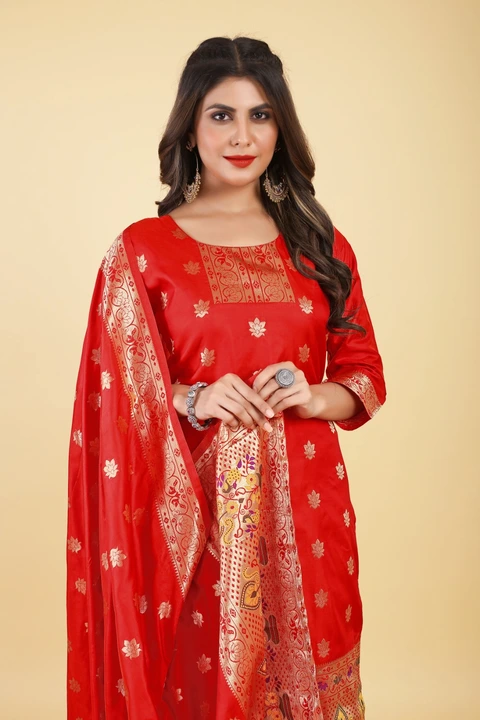 Hina Paithani Suits Fabric & Kurti 3 Pis Set Red uploaded by Manasvi Enterprise on 5/13/2023