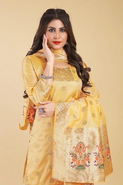 Hina Paithani Suits Fabric & Kurti 3 Pis Set Light Yellow  uploaded by Manasvi Enterprise on 5/13/2023