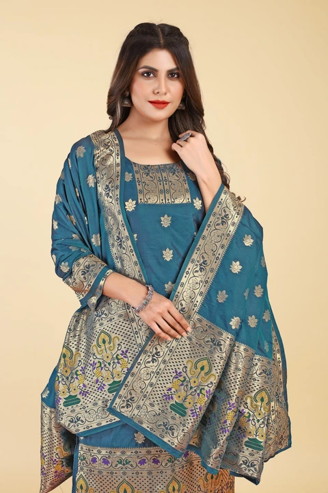 Hina Paithani Suits Fabric & Kurti 3 Pis Set Blue uploaded by Manasvi Enterprise on 5/13/2023