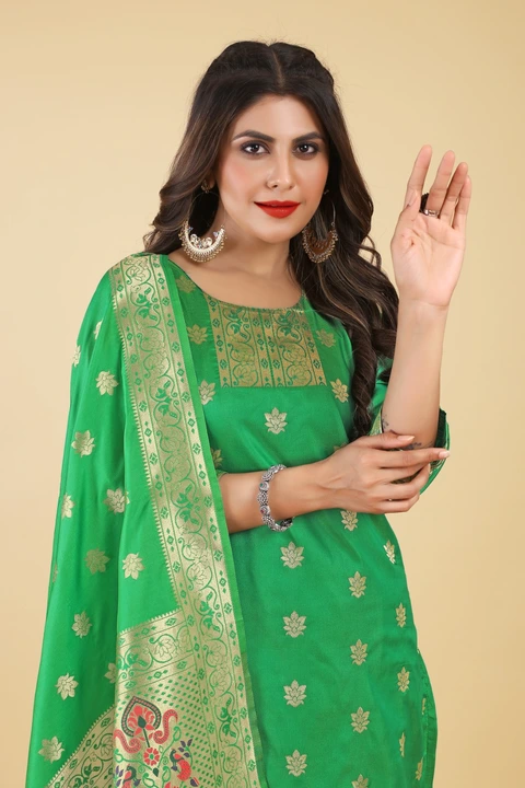 Hina Paithani Suits Fabric & Kurti 3 Pis Set Green uploaded by Manasvi Enterprise on 5/13/2023