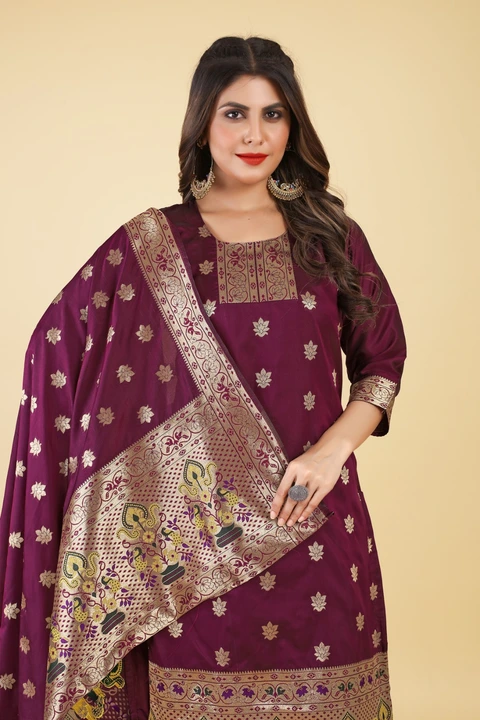 Hina Paithani Suits Fabric & Kurti 3 Pis Set Purple  uploaded by Manasvi Enterprise on 5/13/2023