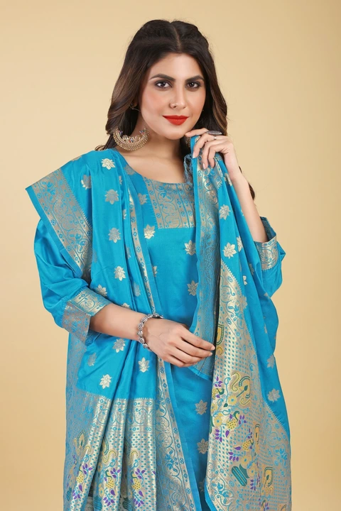 Hina Paithani Suits Fabric & Kurti 3 Pis Set Sky Blue uploaded by Manasvi Enterprise on 5/13/2023